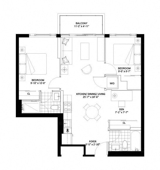 Floor plan for 2 beds, 2 baths, 770 sqft